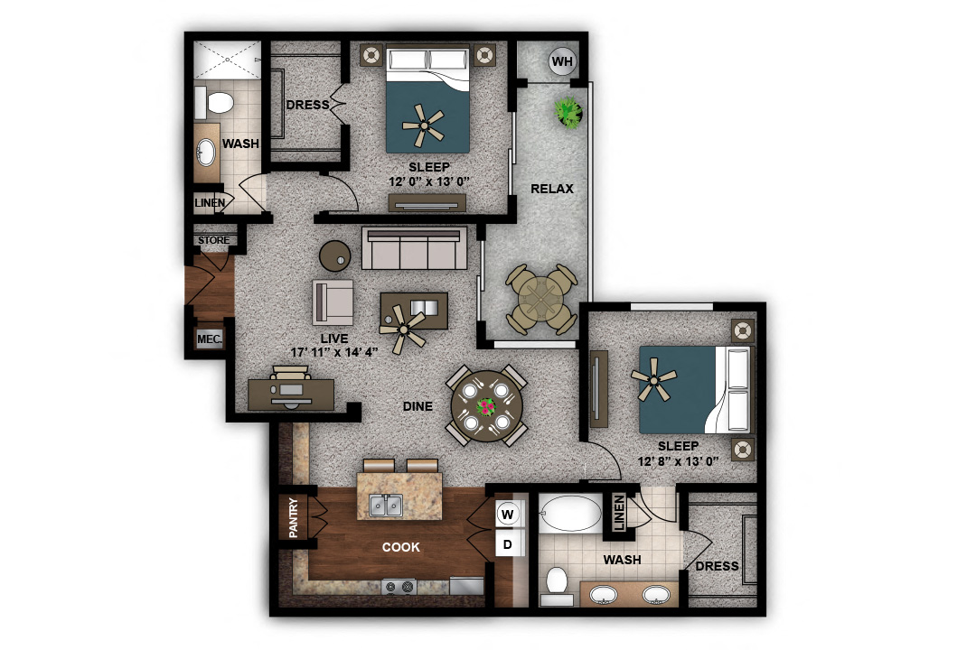Floor plan for 2 beds, 2 baths, 1299 sqft